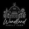 Wendland Family Farm logo featuring a hand-drawn barn surrounded by flowers, with a weather vane on top and the farm name in script lettering.