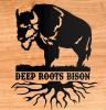 Silhouette of Bison standing above "Deep Roots Bison" with roots underneath