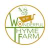 Wonderful Thyme Farm name in green lettering with the letter O in Wonderful posting double duty as the wheel of a wheelbarrow with a plant inside.